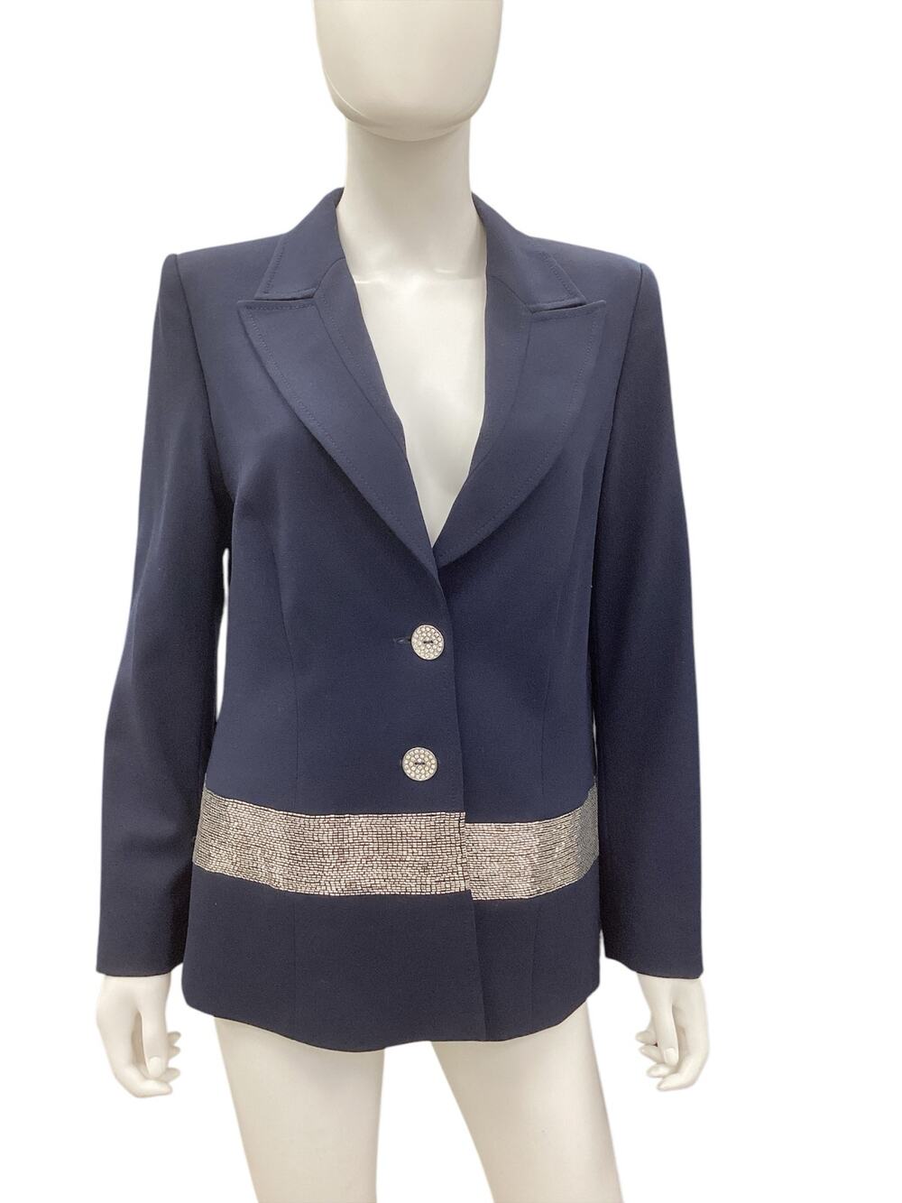 Escada Blazer Women’s Size 12 New Wool Elastane Blend Silver Beads Navy Blue